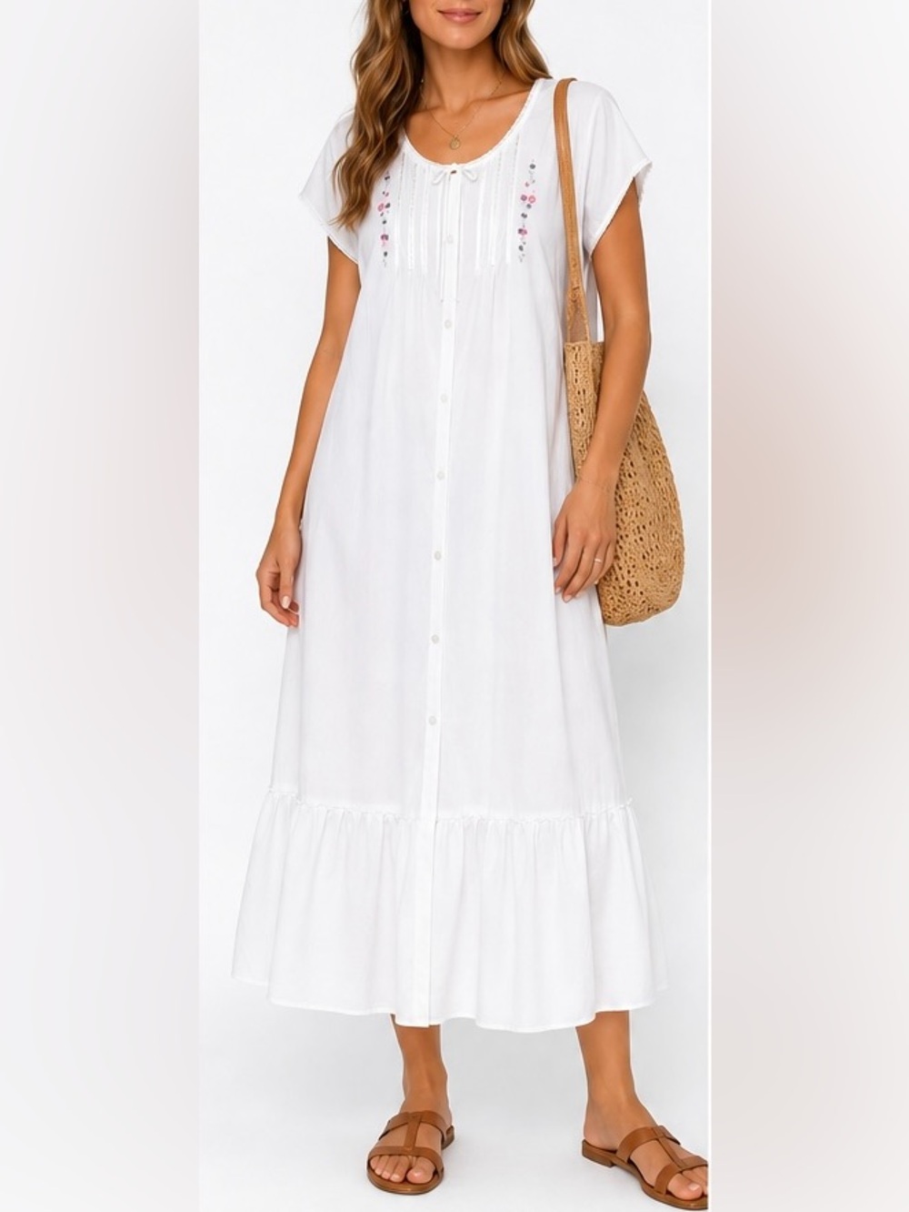 Vintage Inspired Embroidered Button Front
Midi Dress (Nightgown Dress Trend)